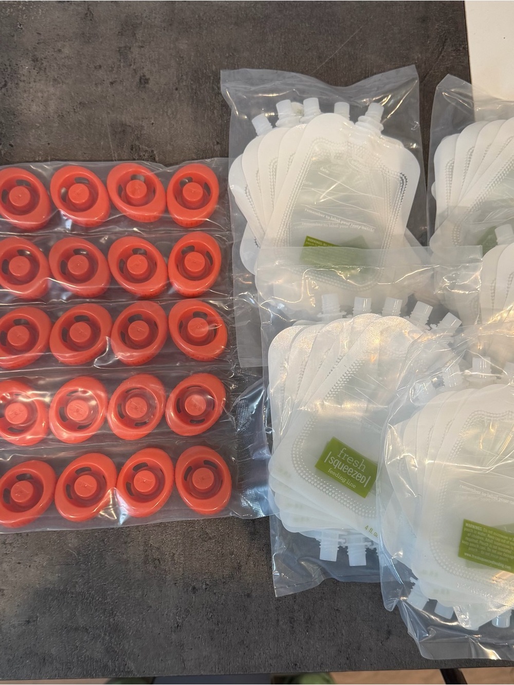 Reusable White Food Squeeze Pouches with Orange Caps